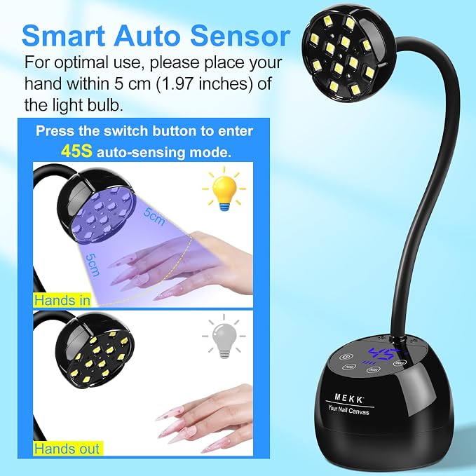 MEKK Gooseneck Flash Cure Nail Lamp, 36W Mini UV Light for Gel Nails | Cordless,Auto Sensor, 4 Timers (10/30/60/90s), Single Nail Detail Work, Portable, USB-C, flower Design, Salon & Home,Black