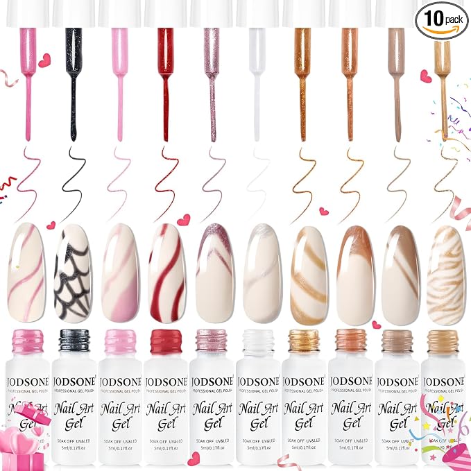JODSONE Nail Art Gel Liner Set 10 Colors Glitter Red Black Pink Gel Nail polish Need U V Lamp Cured with Thin Brush at Home Salon Design,Gifts for Women
