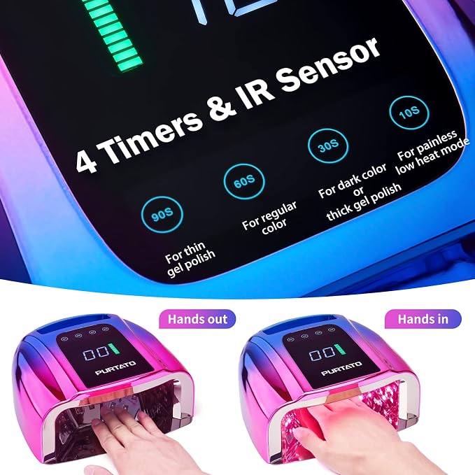 PURTATO Professional Rechargeable 96W UV LED Portable Cordless UV Light for Nail Lamp Machine with Removable Stainless Steel Bottom,4 Timer Setting and Smart Sensor Nail Dryer (Blue&Purple)