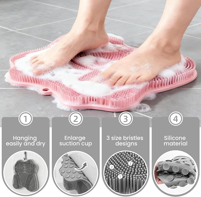 Shower Foot Scrubber Mat,Shower Foot and Back Scrubber with Wall Mount Suction Cups,Foot Scrubber for Use in Shower for Improve Skin Exfoliation(Pink)