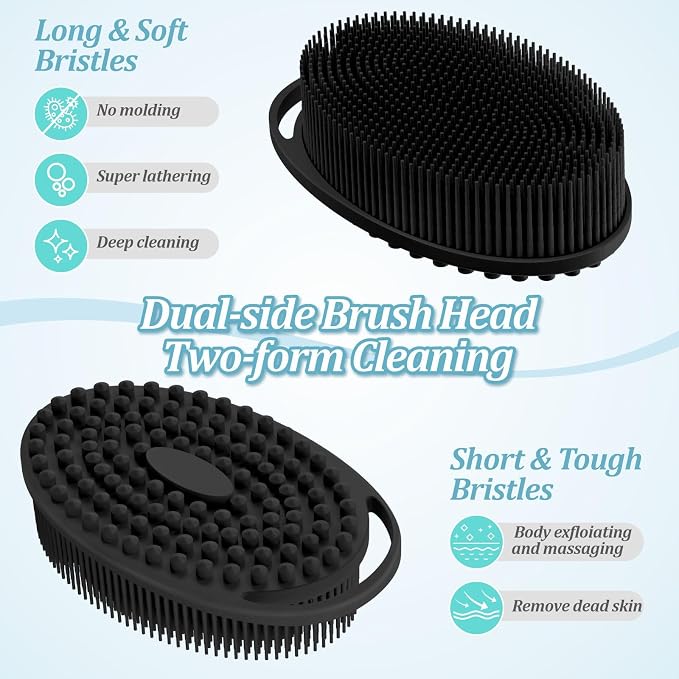 Silicone Back/Body/Face Scrubber & Soft Bath Glove Set 4PCS, Gentle Exfoliating Back & Body Scrubber with Dual-Side Brush Head, Hand-fit Bath Glove & Face Scrubber for Deep Cleaning(Black-4PC)