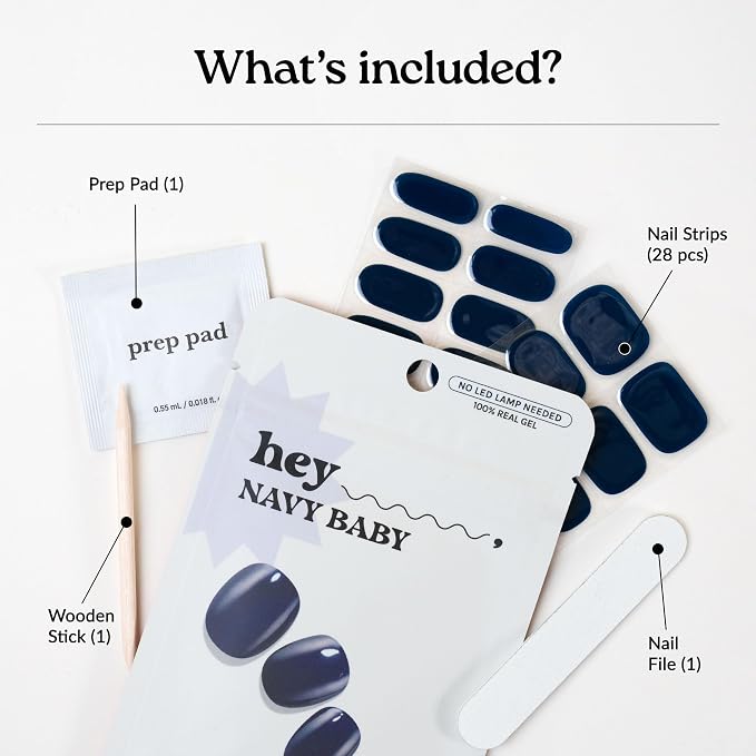 Heyhae Semi Cured Gel Nail Strips Salon Quality - Hey, Navy Baby | No UV Light Needed | Salon Quality, Easy Apply & Remove | 28 Strips, 1 Prep Pad, Nail File, Wooden Stick | Navy Solid