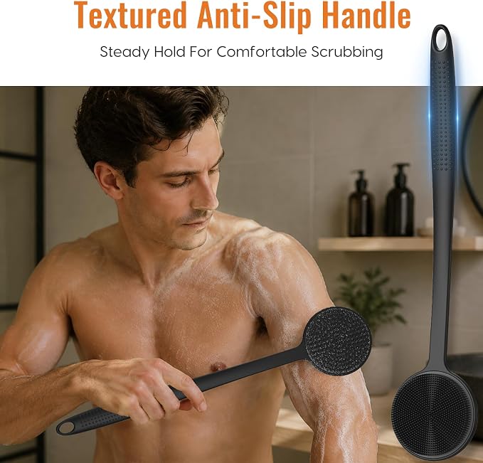 Silicone Back Scrubber for Shower, 17in Lengthen Long Handle Body Brush, Double Sided Shower Brush for Shower Exfoliating and Massage Can Produce Rich Foam, Long Handle Back Scrubber for Men