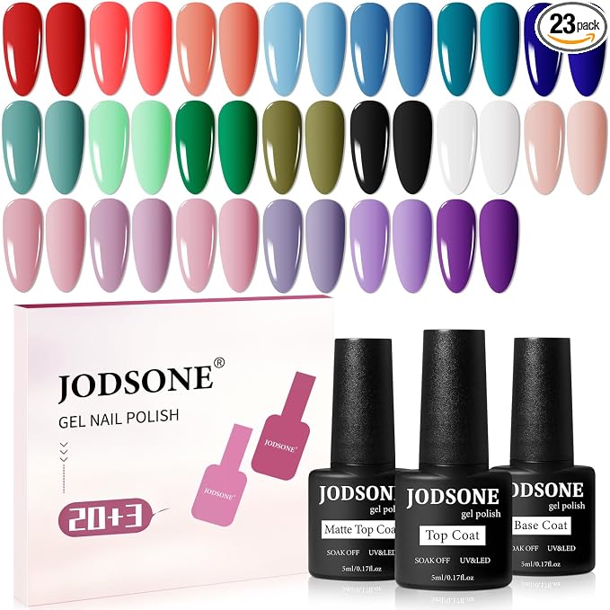JODSONE 23 PCS Gel Nail Polish Set with Base Glossy and Matte Top Coat Multicolored Gel Nail Long Lasting Suitable for All Seasons