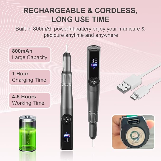 Electric Nail Drill Rechargeable Professional,2 in 1 Nail Grinder & UV Lamp Combo,35000 RPM,Portable Cordless Nail File Machine for Acrylic Nails,Gel Polishing,Shaping Nails,Manicure Art Tools