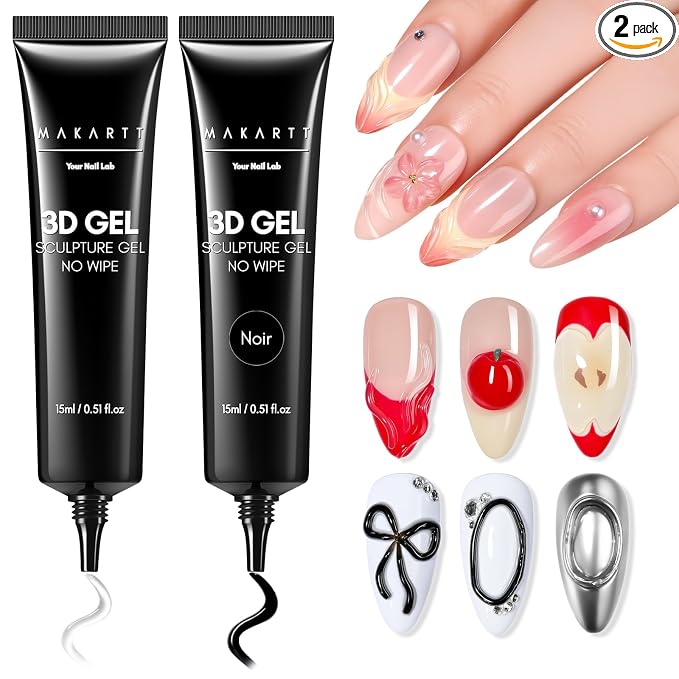 Makartt 3D Nail Gel, 2 Pcs Clear & Noir Sculting Gel for DIY Nail Designs | Squeeze Tube Nail Glue for 3D Drawing, Molding, Rhinestones & Decoration