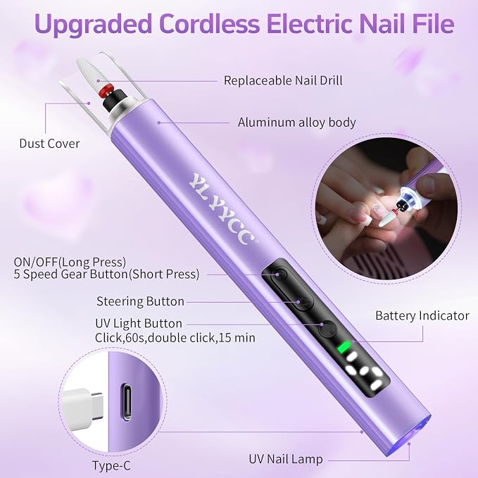 Cordless Nail Drill Electric File Kit with UV Nail Lamp | Portable, Rechargeable, Nail Drill Machine, for Acrylic, Gel Dip, Powder Nails