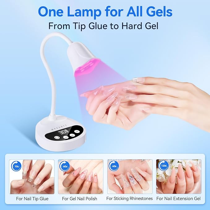 Makartt Flash Cure UV LED Nail Lamp for Gel-X Tips, Adjustable Gooseneck | 50 mW/cm² Cordless Rechargeable UV Light with Auto Sensor & 4 Timers & 10 Beads for Fast Gel Curing Home DIY Salon Use, White