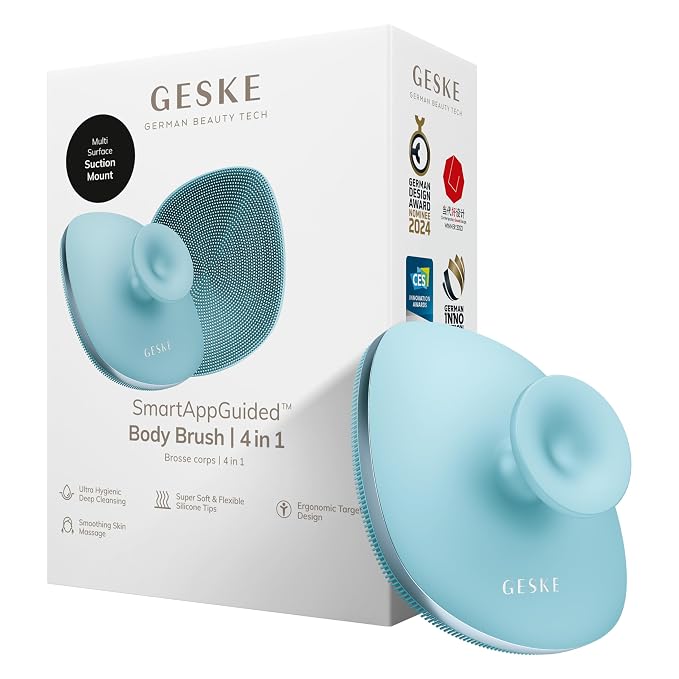 GESKE Body Brush | 4 in 1 | Design with Metal Ring | Cleansing Brush for the Entire Body | Professional Deep Cleaning | Soft Silicone Bristles | Ergonomic Two-Finger Design