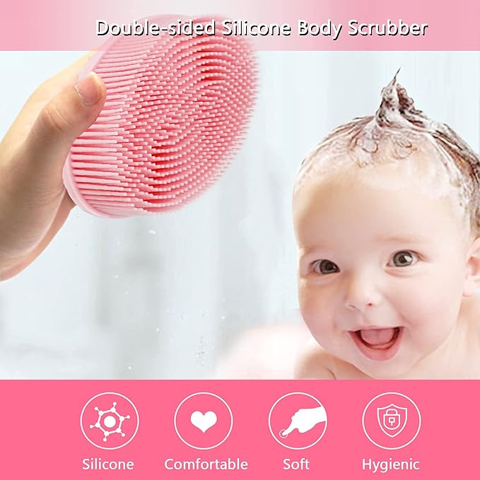 Silicone Body Scrubber, Silicone Dish Scrubber, Super Soft Silicone Loofah, Double-Sided for Lathering and Scalp Massaging, Easy to Clean Body and Dish Exfoliator-Pink