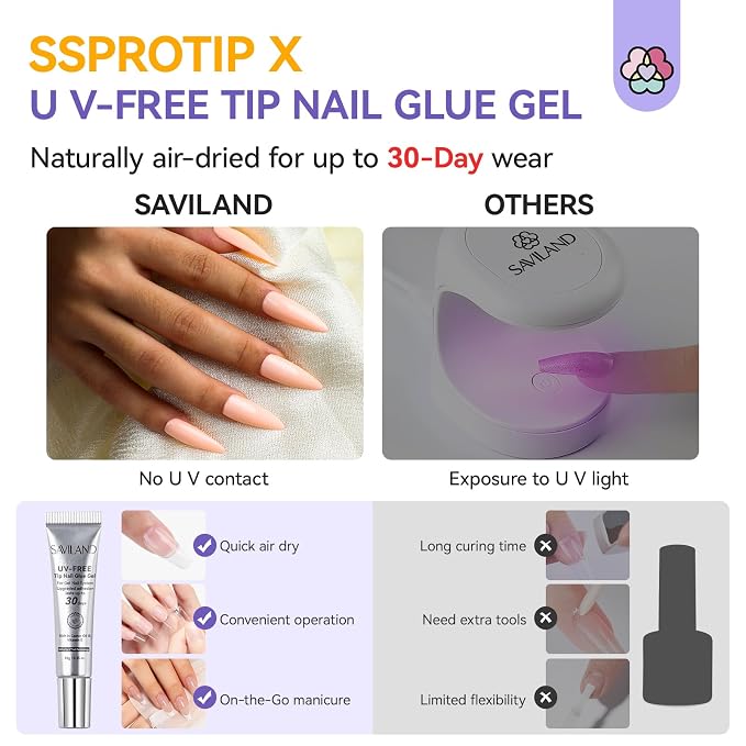 SAVILAND No Curing Nail Glue Gel with Remover: 30-Day Long-Lasting Semi Solid Nail Glue for Press On Nails Air Dry Extra Strong Nail Bond Glue No UV Lamp Needed, Fast False Nail Remover for Home Use