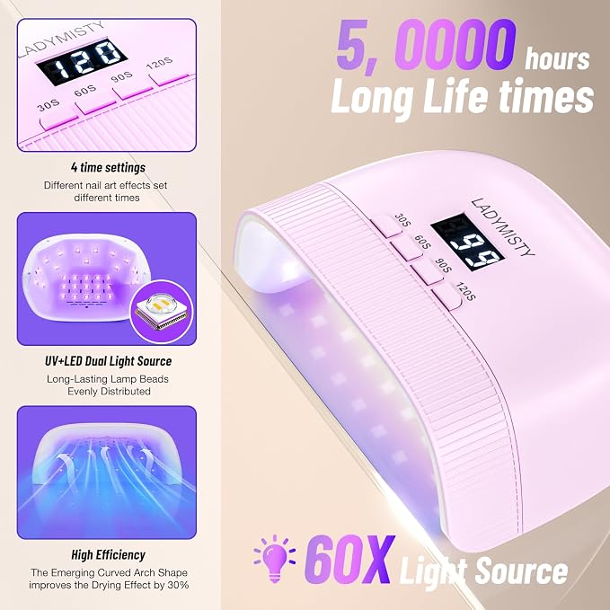 LadyMisty UV Nail Lamp - Fast Drying, UV Light for Gel Nails with 30 Dual Lamp Beads, 4 Timer, LCD Display, Energy Efficient LED Nail Light for Home & Salon(Purple)
