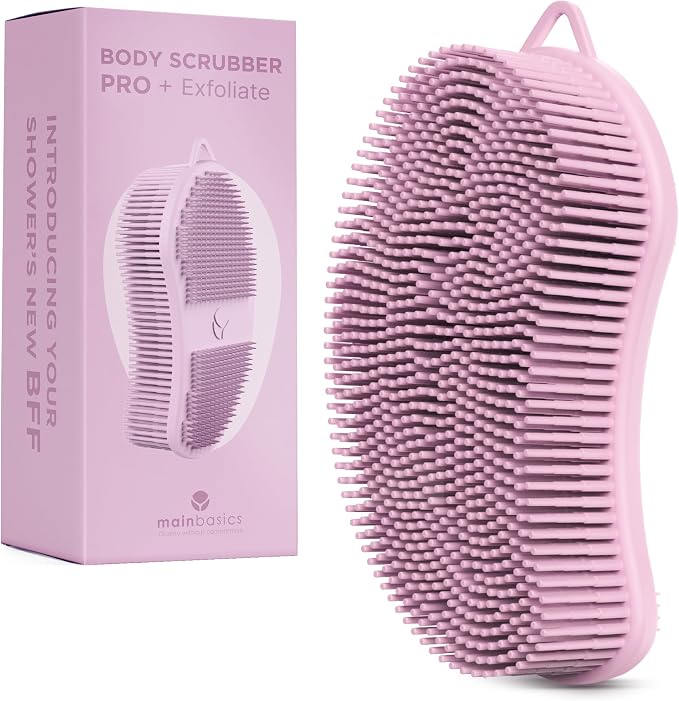 MainBasics Silicone Body Scrubber Dual-Sided, Pink, Exfoliate | Shower Exfoliator for Men & Women, Gentle Silicone Loofah Alternative for Deep Clean
