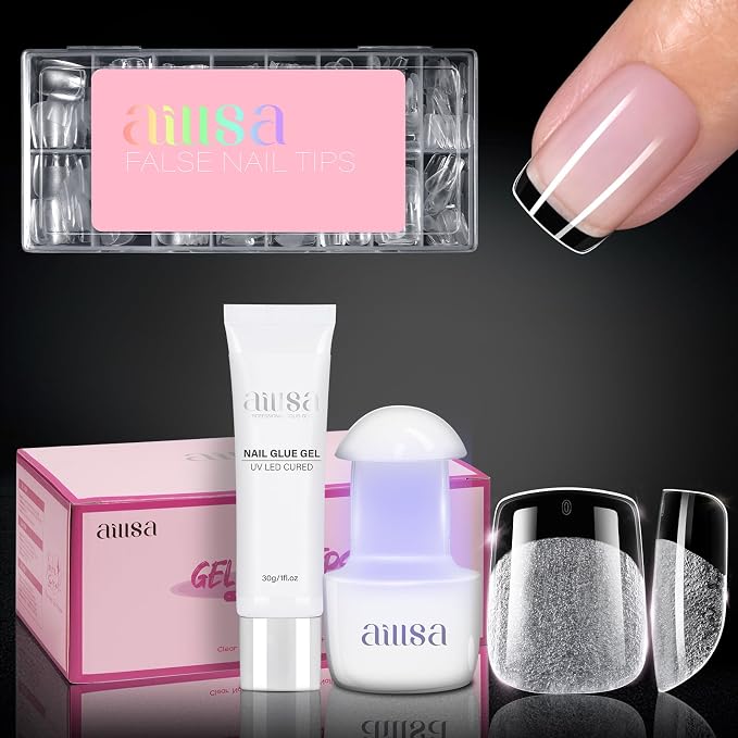 AILLSA Gel Nail Tips Kit Extra Short Square Nail Tips 120pcs | Upgrade Glue Gel for Fake Tips Press on Nails, Nail Extensions Kit with Portable Nail Lamp for Beginners