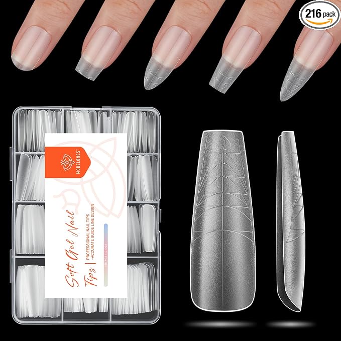Modelones Long Coffin Guiding Line Nail Tips Soft Gel Fake Nails False Full | Acrylic Clear Full Cover Press on Extension Kit Gel Manicure DIY at Home 216PCS 12Sizes