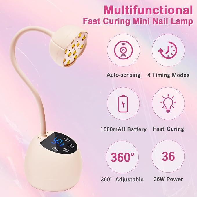 CGBE UV LED Nail Lamp, 36W Mini Cordless Flash Cure Nail Lamp for Gel Nails | USB Rechargeable UV Nail Light with 4 Timers & Auto Sensor, Gooseneck Portable Gel X Lamp for Salon Home DIY Use, Pink