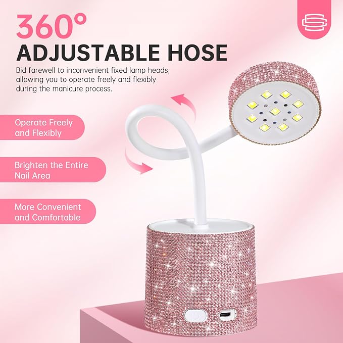 Flash Cure Nail Lamp, UV Nail Lamp for Gel Nails, Cordless Auto Sensor | 27W | Type-C | 1500mAh | Rhinestone | Mini Size | Easy to Carry | DIY Manicure | Pink Diamond