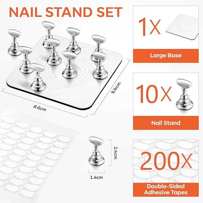 Makartt Strong Magnetic Nail Stand: Press-On Nail Holder with Metal Base | Holds 10 Tips at Once with 200 Tabs, Stable Holders for Nail Art Practise, Batch Design Curing Display, DIY Home & Salon Use