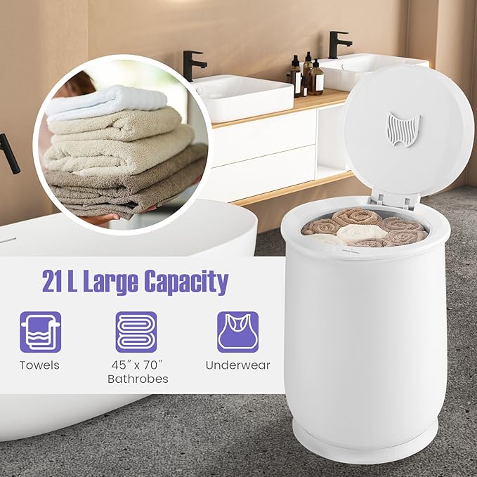 Tangkula Towel Warmer Bucket, 21L Towel Warmer with Flip-Top Lid, 1H Auto Shut Off, Fits up to 2 Oversized 45" x 70" Towels, Hot Towel Heater for Blankets, Bathrobes, with Safety Lock (White, 21L)