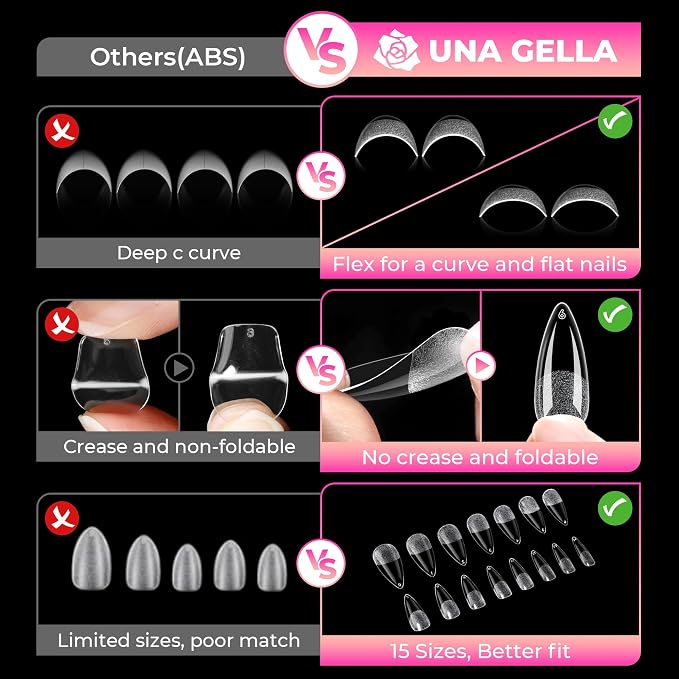 UNA GELLA Stiletto Gel Nail Tips 15 Sizes 510Pcs Full Cover Pre-etched | Medium Stiletto Almond Fake Clear Acrylic False Nails Sturdy Press on Nails for Nail Extensions Home DIY Salon