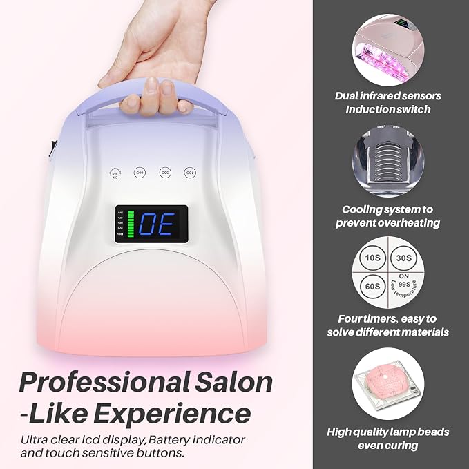 96W Cordless UV LED Nail Lamp, Periwinkle to Pink Gradient | 52 Beads Quick Dry with Remote | 4 Timer Settings & Auto Sensor | Rechargeable Gel Nail Light for Manicure Pedicure