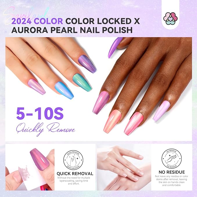 SAVILAND Pearl Nail Polish Set: Shimmer Glitter Aurora Quick Air Dry Nail Polish White Pink Purple Mermaid 12 Colors with Base and Nail Top Coat Manicure Salon DIY At Home Gift