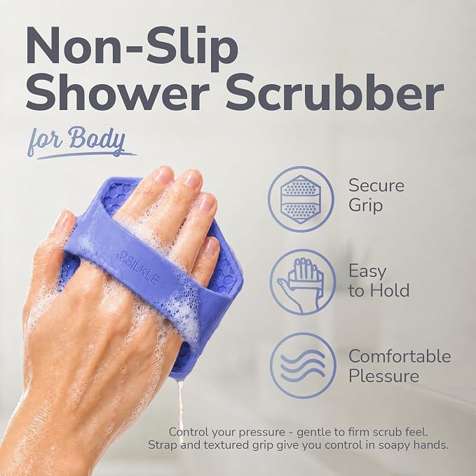SILKLE Silicone Body Scrubber Exfoliator, Shower Scrubber & Silicone Loofah | Exfoliating Body Scrubber, Non-Slip Grip - Silicone Bath Brush & Shower Brush for Body, Quick-Rinse One-Piece Design - Blue