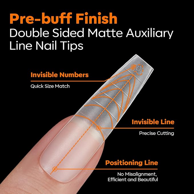 Modelones Long Coffin Guiding Line Nail Tips Soft Gel Fake Nails False Full | Acrylic Clear Full Cover Press on Extension Kit Gel Manicure DIY at Home 216PCS 12Sizes