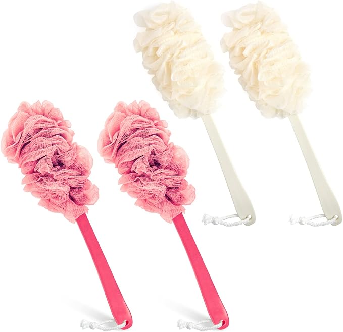 Evmliy Back Scrubber for Shower, Loofah Sponge Brush Exfoliating Body, Long Handle Scrub Brush for Shower with Loofah on a Stick for Back Use, Bathing Accessories Body Brushes (4Pack)