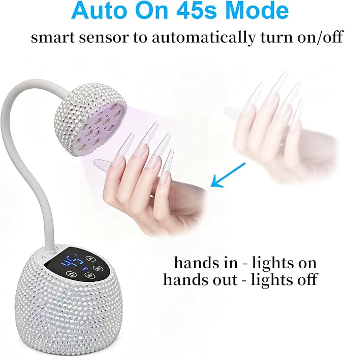 Flexible Gooseneck UV Nail Lamp, Bling Rhinestone Mini LED Nail Dryer Light with 10s/30s/60s Timer, Auto On/Off Portable Rechargeable Gel Nail Curing Lamp for Home Salon Manicure DIY Nail Art