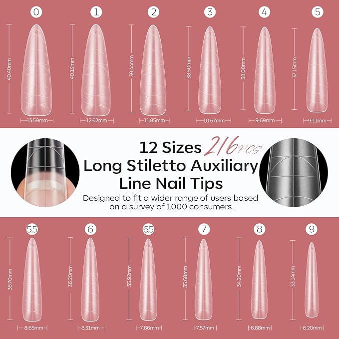 modelones Long Almond Guiding Line Nail Tips, Stiletto Soft Gel Tips Fake Nails False Acrylic Extensions Seamless Accurate Positioning Scale Line, Full Matte Professional Nail Salon 216PCS 12Sizes