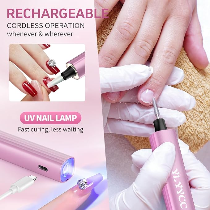 Cordless Nail Drill Electric File Kit with UV Nail Lamp | Portable, Rechargeable, Nail Drill Machine, for Acrylic, Gel Dip, Powder Nails