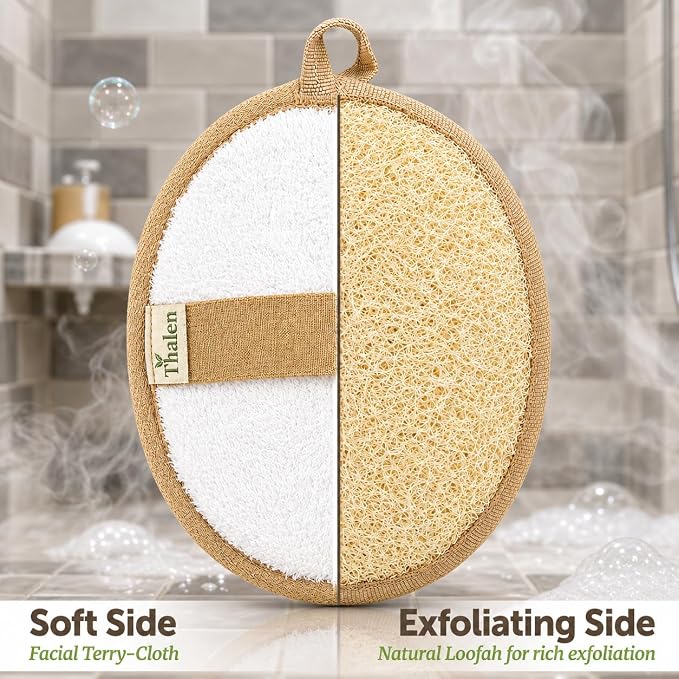 Thalen Natural Loofah Exfoliating Body Scrubber | Egyptian Loofah Sponge + Terrycloth | Shower Scrubber | Back Scrubber | Body Exfoliator | Plastic Free, No PFAS | Organic Bath Sponge – Pack of 3