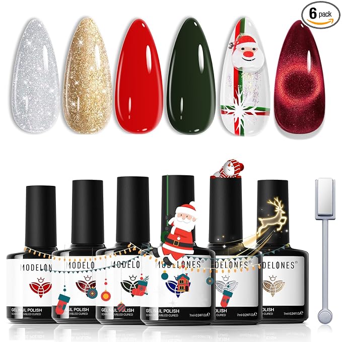 modelones Cat Eye Gel Nail Polish Set Glitter Red Blue Dark Green Christmas