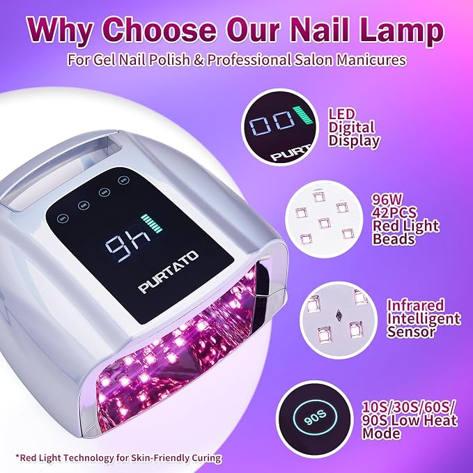 PURTATO Professional Rechargeable 96W UV LED Portable Cordless UV Light for Nail Lamp Machine with Removable Stainless Steel Bottom,4 Timer Setting and Smart Sensor Nail Dryer (Plating Silver)