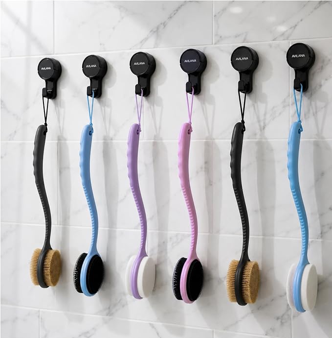Avilana Long Handle Body Brush for Shower, 19 Inch Curved Back Scrubber with Soft & Stiff Bristles, Exfoliating Body Brush for Back, Legs & Feet, Non-Slip Silicone Handle, Replaceable Head System