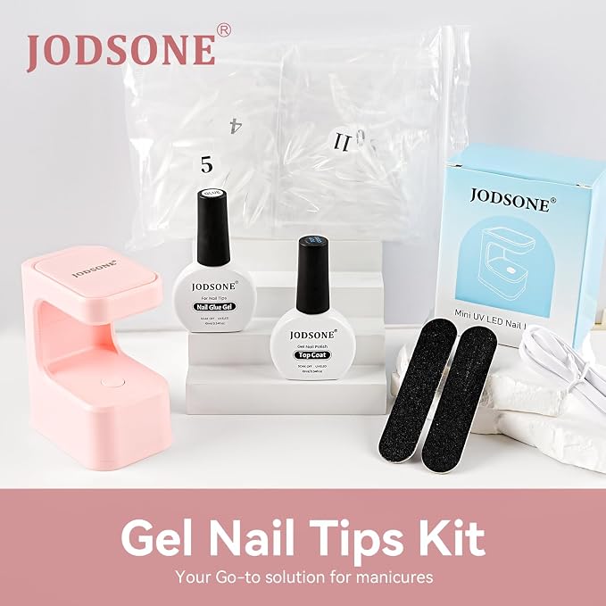 JODSONE Gel Nail Kit Long Almond Nail Tips 480PCS Mini Rechargeable Nail Lamp Pre Shaped Clear Full Cover Fake Nails Tips with Nail Glue & Top Coat U V LED Curing Lamp DIY Manicure Gifts for Women