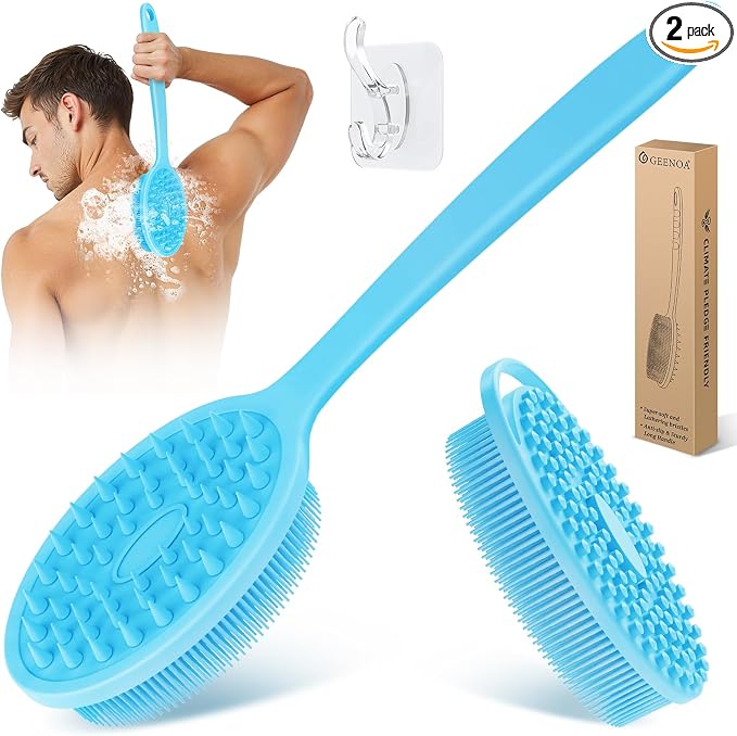 Silicone Back & Body Scrubber Set 2PCS, 13.4'' Gentle Exfoliating Back Scrubber with Dual-Side Head and Non-Slip Handle, Hygienic Silicone Loofah with Soft Bristles and Massage Dots(Blue-2PC)