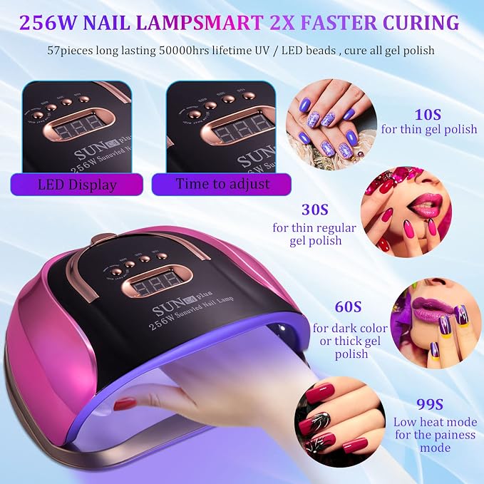 256W UV LED Nail Lamp, 4 Timers | 57Pcs Lamp Beads,Automatic Sensor,Detachable Pedicure Base,Professional Nail Light, Gel Polish Dryer