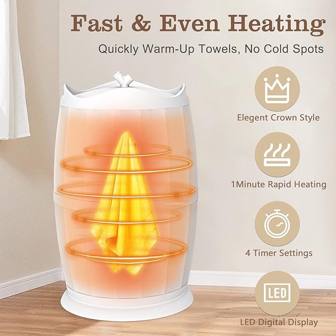 Keenray Towel Warmer, Bucket Towel Warmer for Bathroom, 4 Timer Settings, Fits Up to Two 40"X70" Oversized Towels, Bathrobes, Blankets, PJ's and More, White, CL25