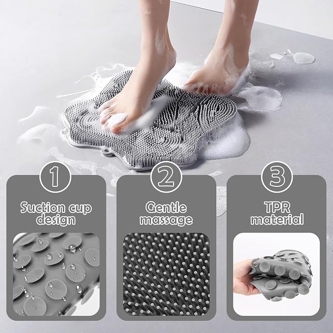 Foot Scrubber in Shower, Shower Foot Scrubber Mat,Silicone Body Scrubber,Back Scrubber with Suction Cups,Shower Body Deep Cleaning Foot Brush Exfoliating Massage Cleaner(Grey)