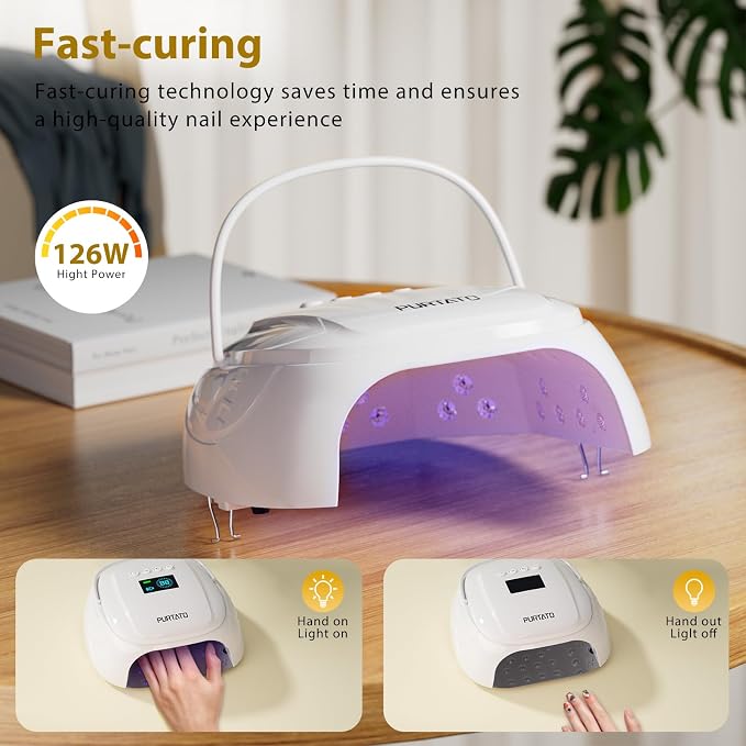 Purtato 126W Cordless Rechargeable UV LED Nail Lamp with Large Space, Handle and Foot Rest, Fast Curing Gel Nail Dryer with 4 Timers for Salon and Home (White)