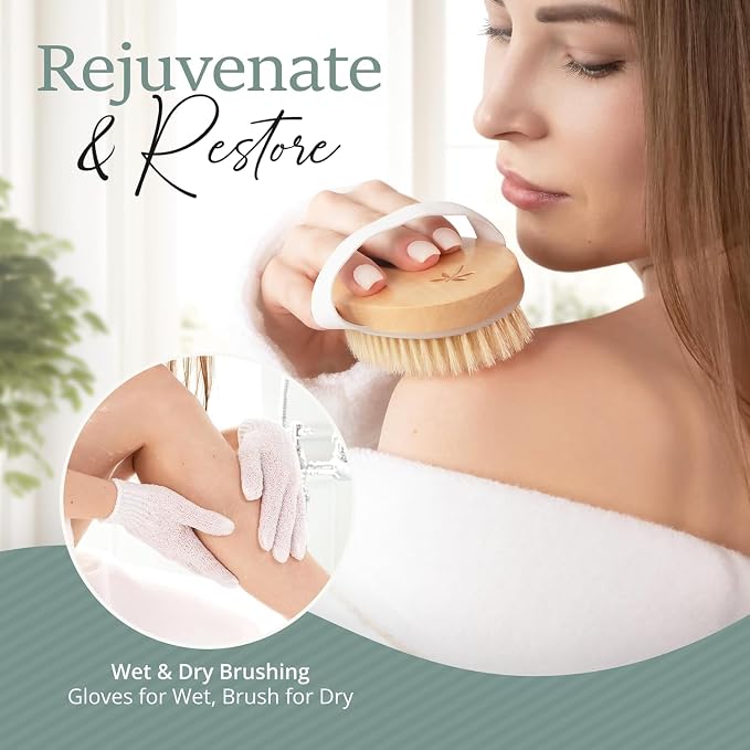 Belula 100% Boar Bristle Dry Brushing Body Brush Set, Face Brush, Gloves | Natural boar bristles, for dry skin, exfoliating face brush, bath gloves, travel bag, lymphatic drainage, boosts circulation