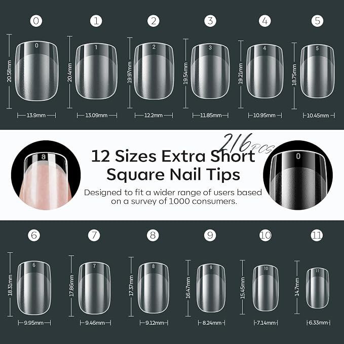 Modelones Extra Short Square Nail Tips Pre-shaped Soft Gel Fake Nails False | Fake Nails False Acrylic Clear Full Cover Press on Extension Kit Gel Manicure DIY at Home 216PCS 12Sizes