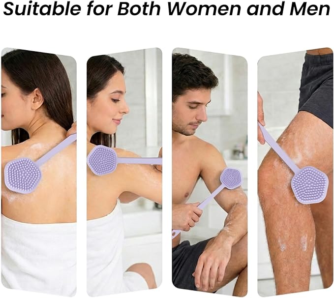 Redfly Silicone Back Scrubber for Shower Brush, 17 inch Long Handled Silicone Body Scrubber for Men & Women, Double Sided Shower Scrubber for Body Brush Exfoliator and Massage, Purple