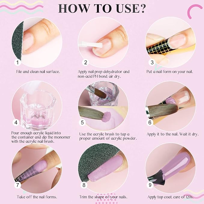 Saviland Acrylic Nail Starter Kit: Clear Pink Nude | Acrylic Powder & Liquid, Brush, Files, Forms, Press On Nails, Home Practice Set