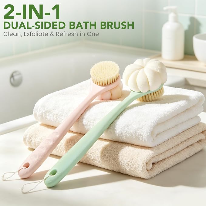 Back Scrubber for Shower, 15.7" Loofah with Handle, Back Shower Brush with Bristles and Loofah, Dry Brushing Body Brush for Cleanse Back and Hard to Reach Areas with Curved Long Handle, Pink