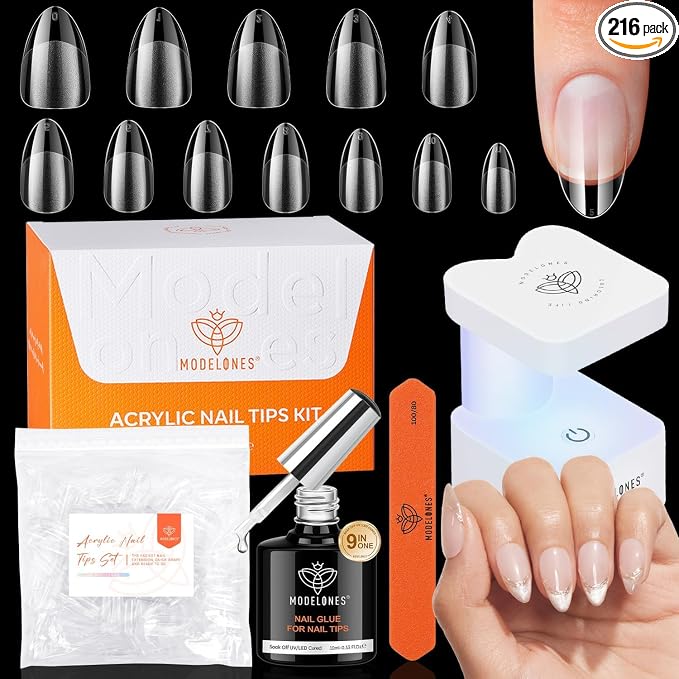 modelones X Nail Gel Kit Short Almond, 9-in-One Nail Glue UV Light | 216Pcs 12Sizes Pre-Etched Press ons Fake Acrylic Extension Kit DIY Salon Gift for Women