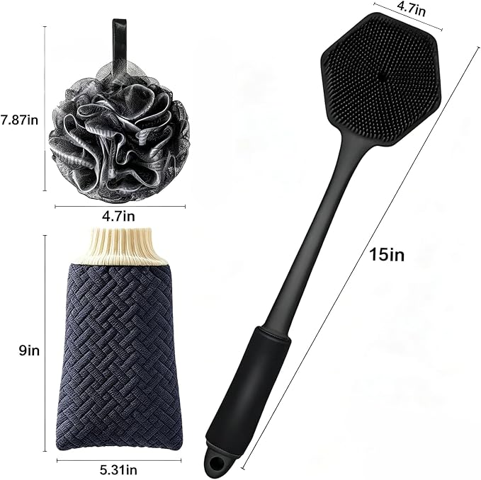 Silicone Back Scrubber & Face Scrubber Set,2Pcs Body Exfoliator | 17-Inch Long Handle with Bath Puff,Soft Exfoliating Brush for Back & Face,Deep Cleanse for Men Women Skin
