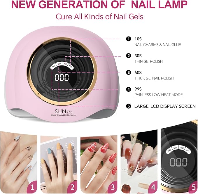 WEVILI 288W Professional UV LED Nail Lamp with 63 Beads - Fastest Gel Curing Dryer for Home & Salon, Smart Sensor, LCD Display & 4 Timers, Pink Salon-Grade Light